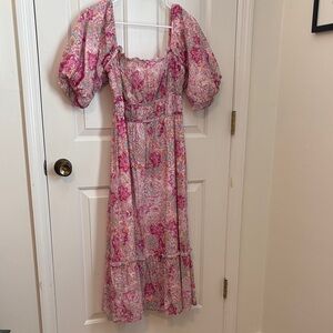 Fate Pink Floral Puff-Sleeve Midi Dress